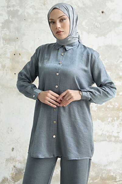 InStyle Gömlek Yaka Simli İkili Takım - Gri