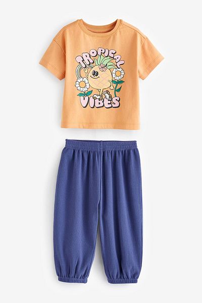 Next Baby Girl's 100% Cotton Pineapple Printed Orange Navy Blue T-shirt - Jogger Set