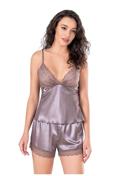 BAHHAR KADIN VİZON GRİ İP ASKILI DANTEL DETAYLI SATEN ŞORTLU TAKIM