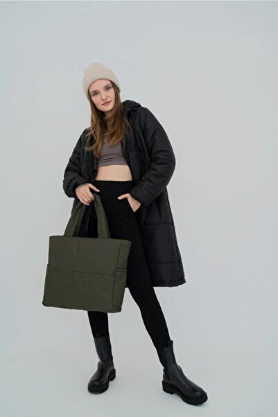 woys Τσάντα Shopper από ύφασμα με ανάγλυφο χακί χρώμα