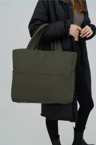 woys Khaki Color Embossed Puff Fabric Shopper Bag
