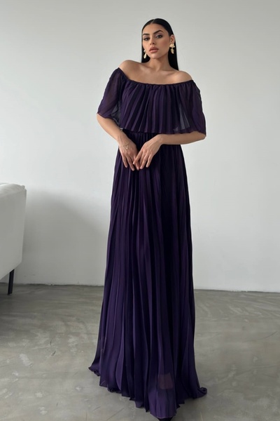 lovebox Women's Chiffon Fabric Strapless Collar Pleated Design Purple Maxi Evening Dress582848