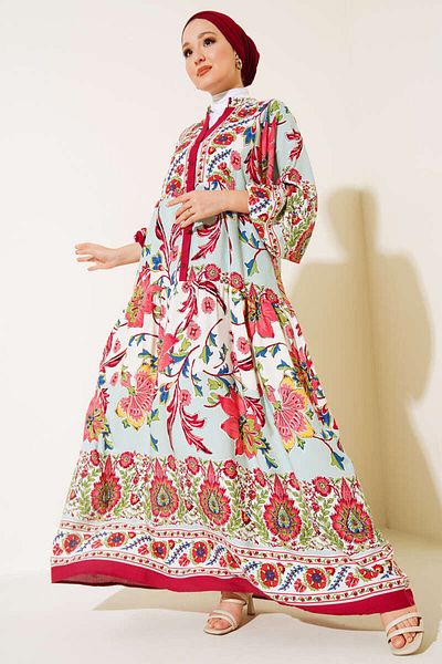 Lavanta Tekstil Floral Collar Buttoned Hijab Dress