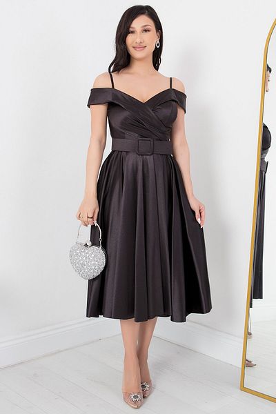 PULLIMM Satin Off-Shoulder Belt Evening Dress - 39830