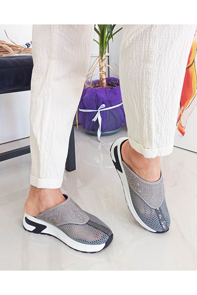 GDT Ayakkabı Gray Color Flat Sole Stoned Mesh Women's Sports Slippers