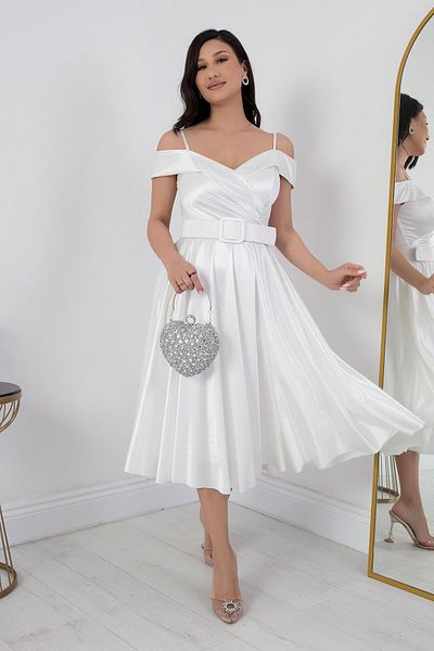 PULLIMM Satin Evening Dress - Off Shoulder and Belt 39830