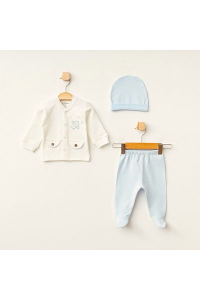 Aziz Bebe Airplane Patterned 3-Piece Baby Set with Hat and Foot Size 0-3-6 Months