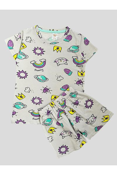 elmas kids Girl's 100% Cotton Heart Cat Strawberry Patterned Short Sleeve Shorts Summer Pajamas Set