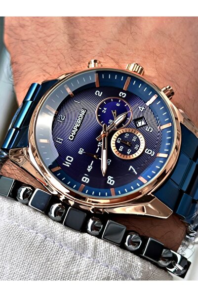 Chaperone Lacivert Renk Fonksiyonlar Aktif Çelik Kordon  Erkek Kol Saati + Bİ...