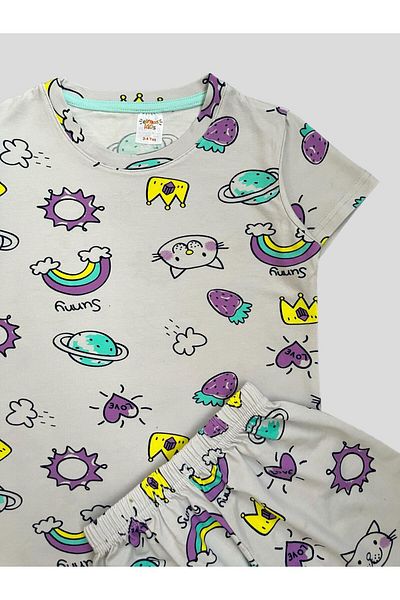 elmas kids Girl's 100% Cotton Heart Cat Strawberry Patterned Short Sleeve Shorts Summer Pajamas Set