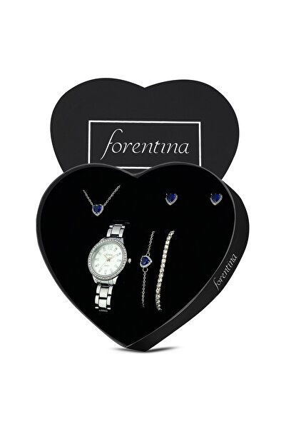 Forentina Gümüş Kaplama Lacivert Taşlı Kalp Kolye Küpe Bileklik Saat Hediye S...