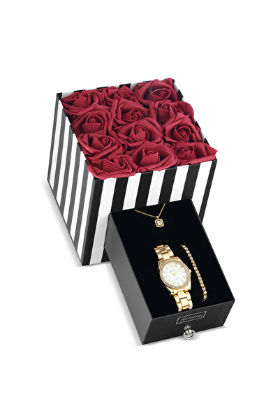 Forentina Kırmızı Güllü Kutuda Altın Kaplama Tektaş Kolye Bileklik Saat Hediy...