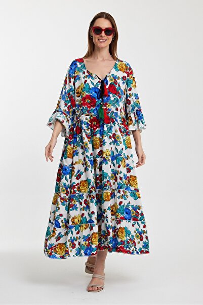 NUR TEKSTİL kadın beyaz çiçek desenli %100 Pamuk Viskon etnik-otantik elbise ...