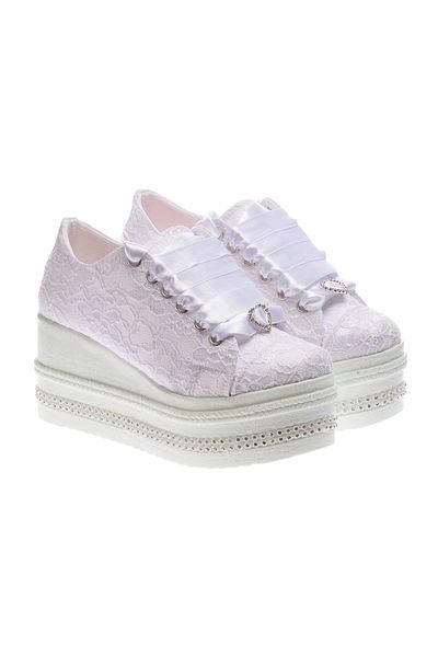 Ayakkabı Tutkusu Stilo ® Pantofi de mireasă sport, cu toc pană, alb, dantelă, stil ușor și confortabil