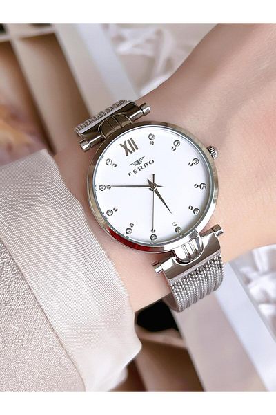 FERRO Silver Straw Cord Colorfast 30 Meters Water Resistant Special Design Women's Wristwatch 21318