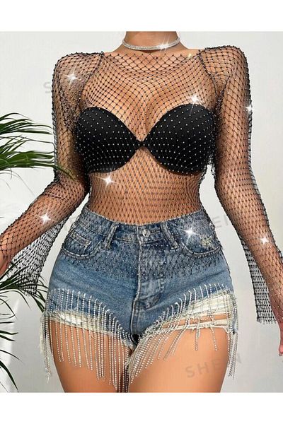 Mono Online Change Black Long Sleeve Crystal Rhinestone Crop Fishnet Blouse