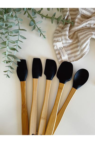 BUCOLIC Set of 5 Black Colored Bamboo Handle Silicone Tip Spoons