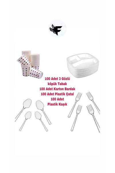 FİGANLAR Extra Thick Unbreakable 3 Compartment Foam Plate Plastic Fork Plastic Spoon Cardboard Cup Set 100 Pieces