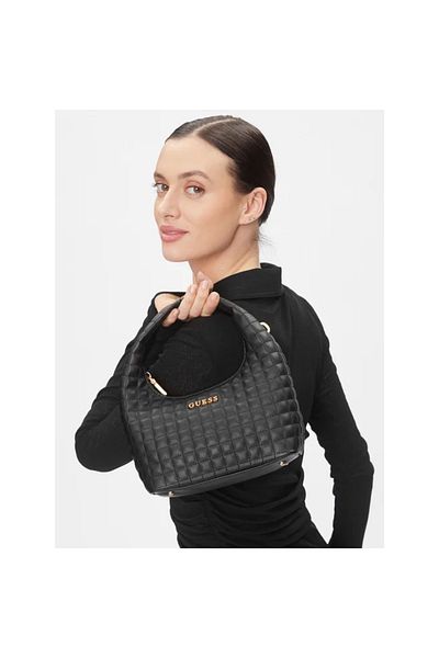 Guess Women's Zippered Strap Logo Detailed Black Shoulder Bag HWQA91 87120-BLA