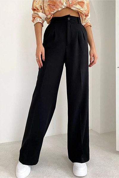 mymoda Women's Black High Waist Pleated Wide Leg Palazzo Trousers