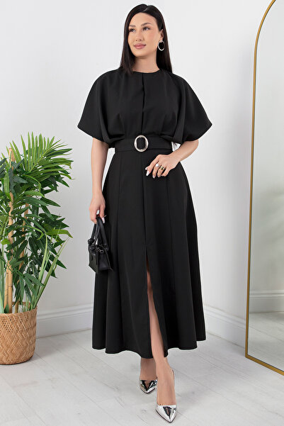 PULLIMM Bisiklet Yaka Yarasa Kol Büzgülü Atlas Elbise JNL2056