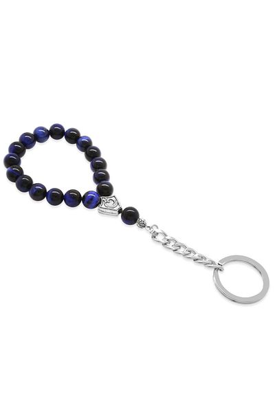 Tesbihane Blue Tiger Eye Natural Stone-steel Combination Rosary Keychain