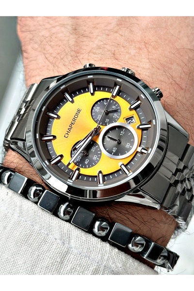 Chaperone Füme Renk  Çelik Kordon Fonksiyonlu Erkek Kol Saati + BİLEKLİK HEDİ...