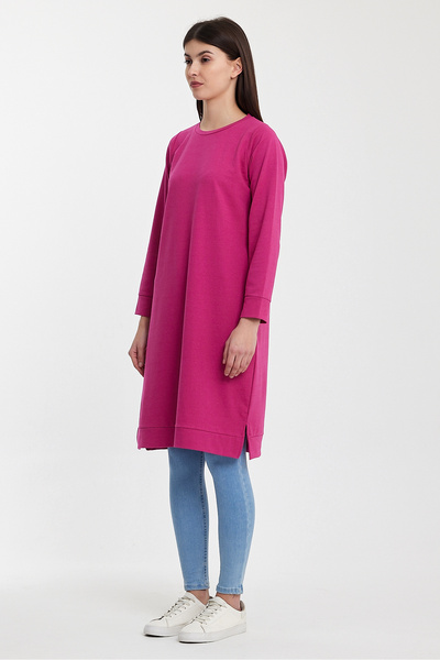 Gippe Collection Fuşya Bisiklet Yaka Yırtmaç Detaylı Basic Örme Sweatshirt 10391