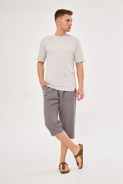 NASIFOĞLU GİYİM Men's 100% Cotton Light Gray Elastic Waist Linen Capri Comfortable Loose Fit Cool Capri