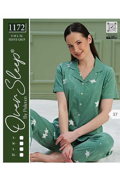 Over Sleep by Poleren Set de pijamale pentru femei cu mânecă scurtă, guler de cămașă de culoare verde