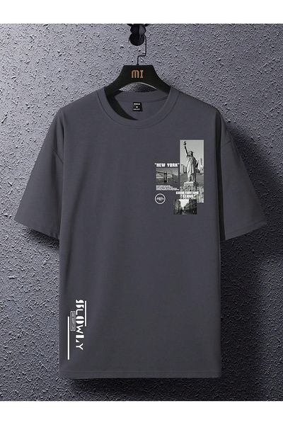 Black Sokak Freedom Statue Printed Oversize Anthracite Men's T-Shirt