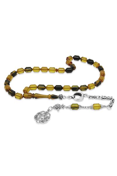 Tesbihane Non-Tarnish Metal King Chain Tasseled Tip Capsule Cut Yellow-Black Fire Amber Prayer Beads