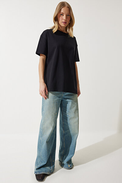 Happiness İstanbul Dámské černé volné základní bavlněné tričko BP00151