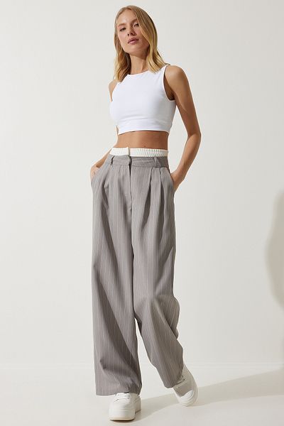 Happiness İstanbul Women's Gray Contrast Waist Detailed Striped Woven Trousers CI00104
