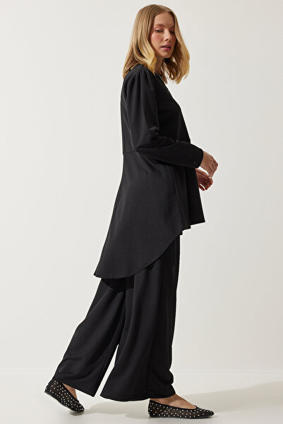 Happiness İstanbul Women's Black Flowing Tunic Palazzo Knitted Suit DD01318