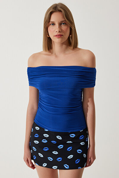 Happiness İstanbul Bluză de damă, albastru cobalt, cu umeri deschisi, nisip, TO00132