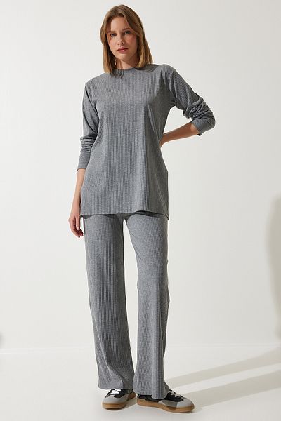 Happiness İstanbul Women's Gray Corded Knitted Blouse Trousers Set KH00088