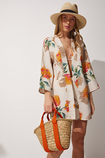 Happiness İstanbul Dámské béžové oranžové vzorované prádlo viskózové kimono BH00381