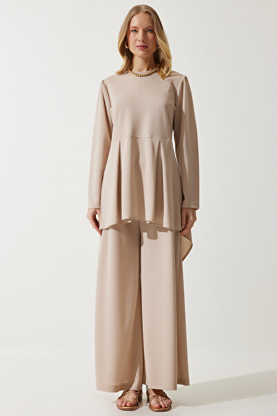 Happiness İstanbul Women's Cream Flowing Tunic Palazzo Knitted Set DD01318