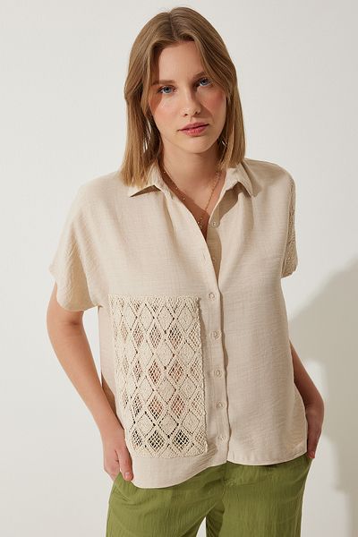 Happiness İstanbul Cremefarbenes Damen-Leinenhemd mit Häkelspitze und detailliertem Detail TP00039
