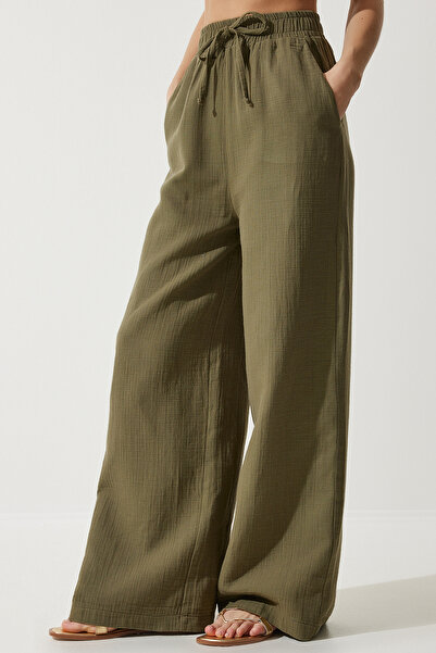 Happiness İstanbul Women's Khaki Muslin Palazzo Trousers MX00160