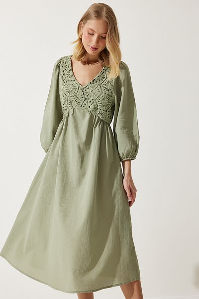 Happiness İstanbul Khakifarbenes, detailliertes Guipure-Sommerleinenkleid für Damen BP00152