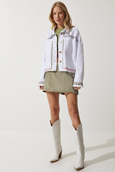 Happiness İstanbul Γυναικείο Τζιν Μπουφάν Oversize Λευκό Κεντημένο με Φούντες SA00018