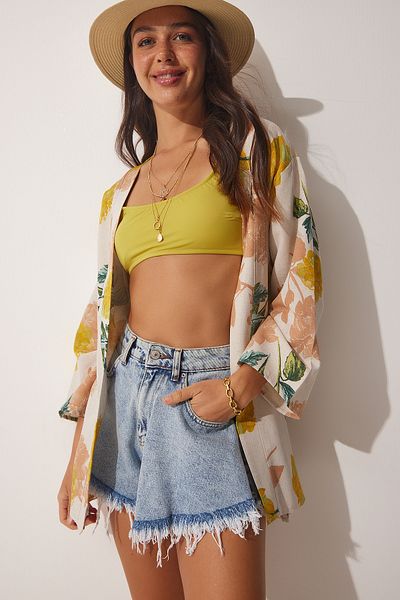 Happiness İstanbul Kimono de damă din viscoză din in, galben bej, cu model BH00381