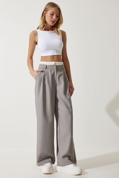 Happiness İstanbul Women's Gray Contrast Waist Detailed Striped Woven Trousers CI00104