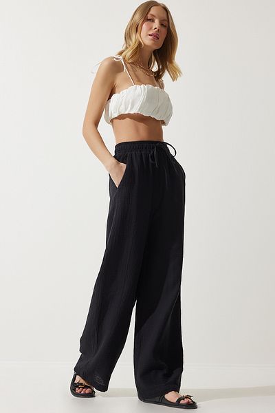 Happiness İstanbul Women's Black Muslin Palazzo Pants MX00160