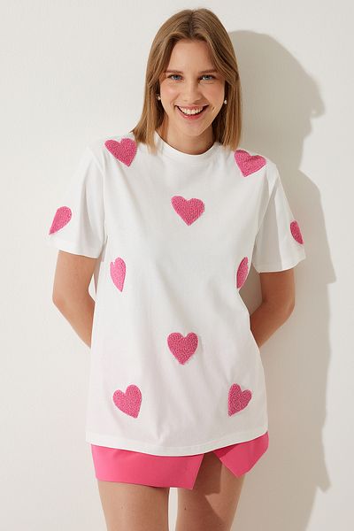 Happiness İstanbul Tricou tricotat supradimensionat cu inimă cu textura albă CR00433