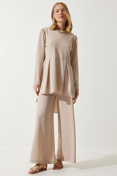 Happiness İstanbul Γυναικείο Σετ Κρέμα Flowing Tunic Palazzo Πλεκτό DD01318