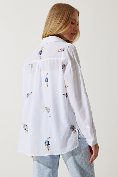 Happiness İstanbul Női Ekrü virágos hímzésű pamut ing PV00001