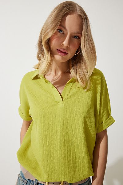 Happiness İstanbul Women's Oil Green Polo Neck Knitted Crinkle Blouse DD01299